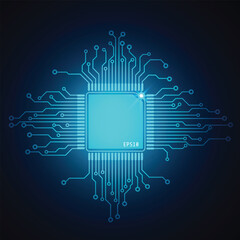 Aufkleber - Blue Technological Microprocessor Vector Background. Abstract CPU Chip With Circuit Board Connection Pad.