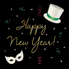 Wall Mural - happy new year graphic with silver glitter top hat and mask vector graphic