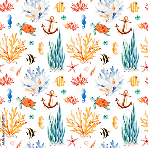 Underwater Multicolored Seamless Pattern Seaworld Watercolor