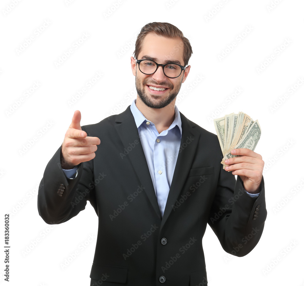 Happy businessman with dollar bills on white background
