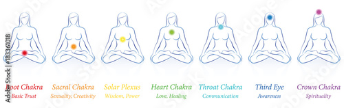 Chakras - meditating woman in sitting yoga meditation with seven colored main chakras and their names and meanings - Isolated vector illustration on white background Canvas Print