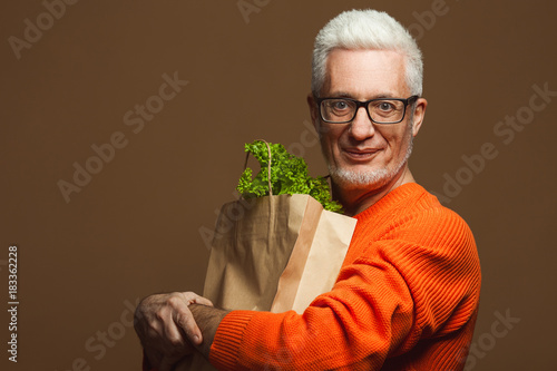 Old Hipster Vegan Concept Portrait Of Fashionable 60 Year