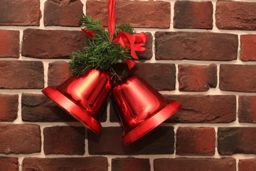 Wall Mural - Christmas bells on a brick wall