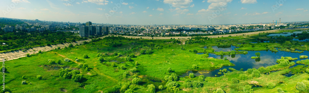 Obraz na płótnie Vacaresti Natural Delta Bucharest City Drone Panorama w salonie