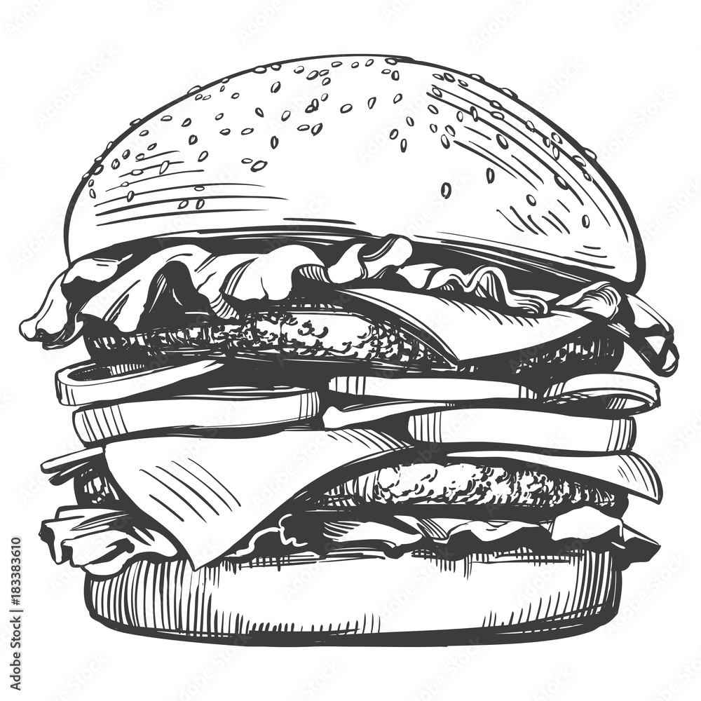 big burger, hamburger hand drawn vector illustration sketch retro style - obrazy, fototapety, plakaty 