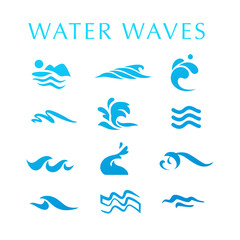 Vector collection of flat water wave icons isolated on white background. Water logo, emblem design. Blue water splashes symbol, ocean, different sea waves rolling sign.