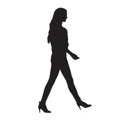 Wall Mural - Young woman walking in high heels shoes, isolated  vector silhouette. Side view