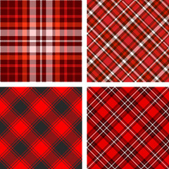 Set of four seamless tartan plaid patterns in shades of red. 