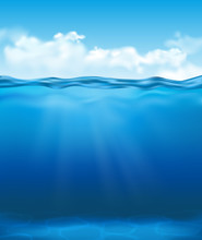 Vector Realistic Underwater View With Clear Blue Water With Sun Rays And Clouds In The Sky