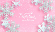 Christmas Background With Shiny Silver Snowflakes On Pink Background. Vector Illustration.