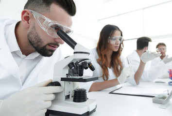 Wall Mural - male laboratory technician looking at samples in the microscope