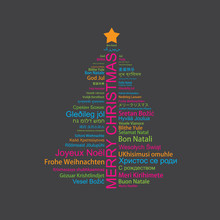Merry Christmas In Different Languages In The Shape Of Christmas Three, Celebration Word Tag Cloud Greeting Card