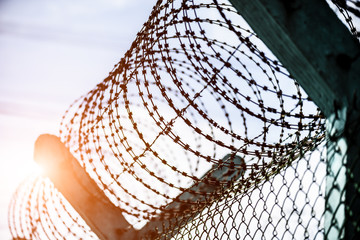 Wall Mural - Closeup a security fence with barbed wire. Human Rights and social justice abstract concept.