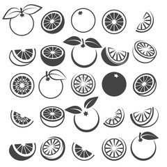 Orange icons. Tasty fresh vector black oranges fruits isolated on white background, citrus wedge, half and slices silhouette set