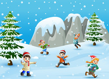 Cartoon Kids Playing In The Snow