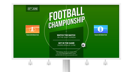 Wall Mural - European football, soccer ad on billboard. Template for game championship. Top view of green soccer field with flags of participating teams. Poster for sports events. 3D illustration, ready for print.