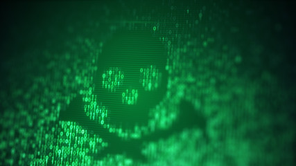 Wall Mural - green skull shape of binary code on computer screen