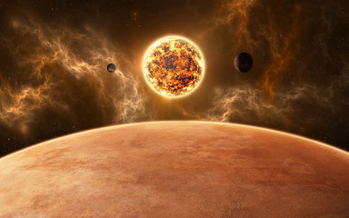 Wall Mural - planets around red dwarf star. new planetary system, 3d illustration