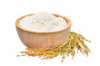 white rice (Thai Jasmine rice) in the wooden bowl and unmilled rice isolated on white background
