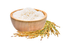 White Rice (Thai Jasmine Rice) In The Wooden Bowl And Unmilled Rice Isolated On White Background