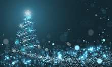 Glowing Christmas Tree With Snowflakes On Blue Winter Vector Background With Snow Wave, Stars And Snowflakes.