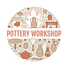 Pottery workshop, ceramics classes banner illustration. Vector line icon of clay studio tools. Hand building, sculpturing equipment. Art shop circle template with text.