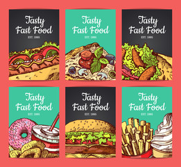 Wall Mural - Vector card templates set with hand drawn fast food elements and place for text
