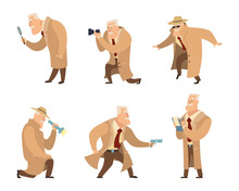 Detective In Different Action Pose. Vector Character In Cartoon Style