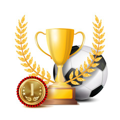 Sticker - Football Achievement Award Vector. Sport Banner Background. Ball, Winner Cup, Golden 1st Place Medal. Soccer Ball. Realistic Isolated Illustration