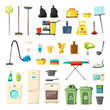 Household set and cleaning supplies icons. Cartoon vector illustration