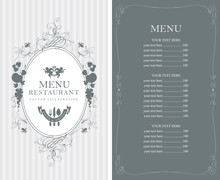 Vector Menu For Restaurant Or Cafe With Floral Ornaments And Price List In Baroque Style On Striped Background