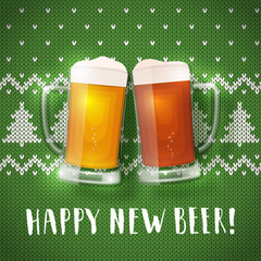 Wall Mural - Happy new beer mugs poster on a christmas sweater background. Vector greeting card with two mugs of beer and traditional knit pattern. Hand drawn lettering congratulation.