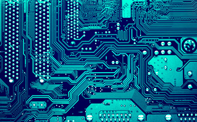 Poster - Circuit board. Electronic computer hardware technology. Motherboard digital chip. Tech science background. Integrated communication processor. Information engineering component.