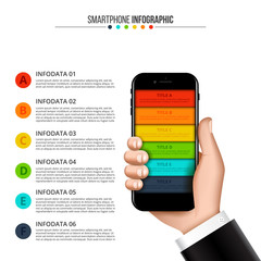 Wall Mural - Vector human hand holds a mobile phone. Can be used for workflow layout, diagram, number options, step up options, web design, banner template, infographic.