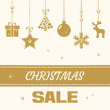 Fototapeta  - Festive postcard, background for Christmas. Golden gift boxes end christmas trees, snowflake and inscription CHRISTMAS SALE. Vector illustration