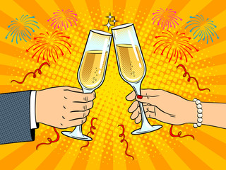 Clinking glasses with champagne pop art vector