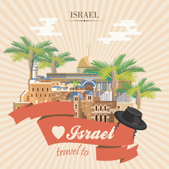 Israel vector banner with jewish landmarks. Travel poster in flat design