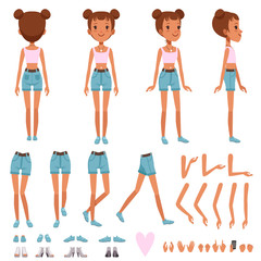Wall Mural - Teenager girl character constructor, creation set. Full length front, back and side view. Body parts and collection of shoes. Flat vector illustration