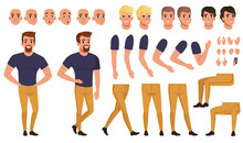Handsome Man Creation Set With Various Views, Poses, Face Emotions, Haircuts And Hands Gestures. Cartoon Male Character Constructor. Isolated Flat Vector