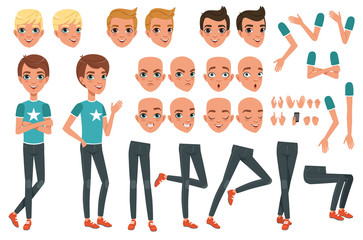 Wall Mural - Young man character constructor with body parts legs, arms, hand gestures. Angry, dissatisfied, surprised and calm face expression. Full length boy. Stylish hairstyles. Flat vector