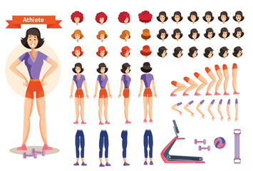 Wall Mural - Set for creating character woman athlete, vector cartoon illustrations. Faces, front, side and back view, emotions,arms and legs in different positions, clothes and dumbbells for weight training