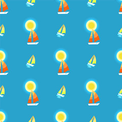 Wall Mural - Seamless Pattern with Sun, Yacht or Sailing Ship