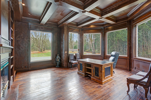Chic Wood Paneled Home Office Features Coffered Ceiling Buy This