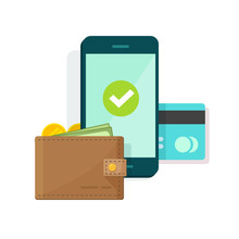Digital Mobile Wallet Vector Illustration Icon, Flat Design Smartphone Screen With Electronic Wallet And Credit Card, Internet Banking Concept, Wireless Money Transfer, Internet Cellphone Payment