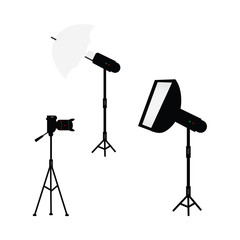 vector flat cartoon professional studio photo light equipment set. Lens dslr photo camera standing at special tripod stand, softbox, flash with umbrella. Isolated illustration on a white background.