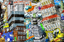 City, An Illustration Of A Large Collage, With Houses, Cars And People