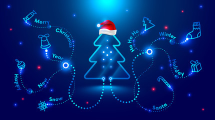 Aufkleber - Christmas card in the style of new technologies, engineering, electronics. Christmas tree in red Santa Claus hat and surrounded by Christmas and new year symbols. Christmas sales and marketing