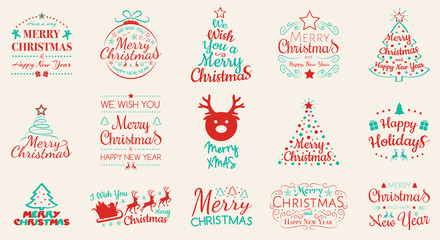 Wall Mural - Big set of different Christmas calligraphy with icons. Vector.