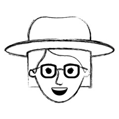 Wall Mural - female face with hat and glasses short hair in monochrome blurred silhouette vector illustration