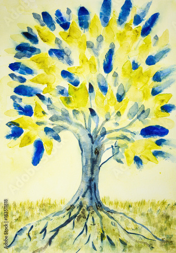 Fotografering Folk art tree of life with yellow and blue leaves